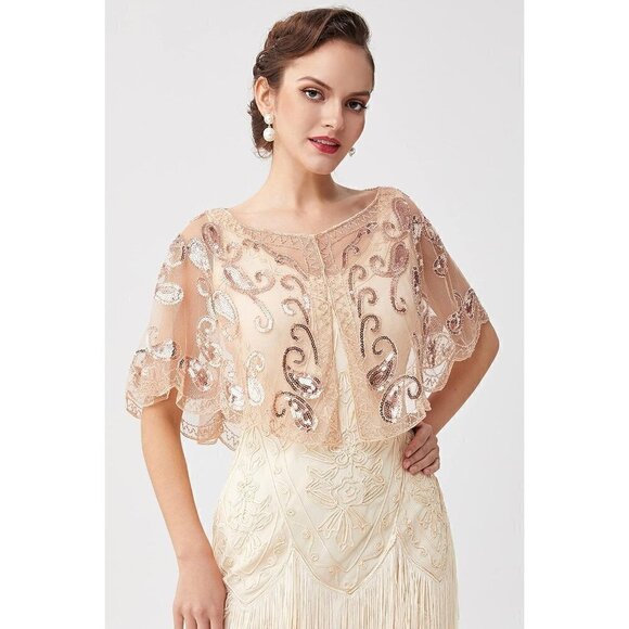 Babeyond 1920s Shawl Wraps Beaded Evening Cape Bridal Shawl Cover Up-(Apricot) - Picture 2 of 6